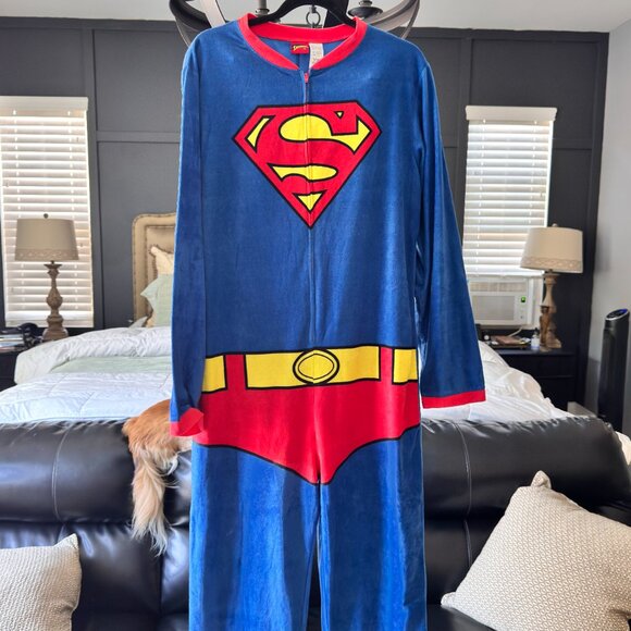 Superman Adult Pajamas Large Blue Red Fleece Costume DC Comics Sleepwear - Picture 2 of 6
